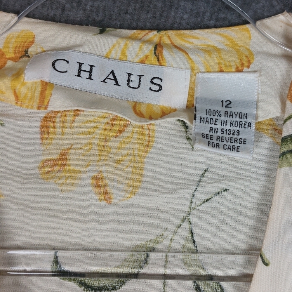 CHAUS WOMEN VINTAGE CREAM YELLOW FLORAL TULIP PRINT V-NECK BUTTON UP SHIRT SZ 12 - Picture 2 of 6